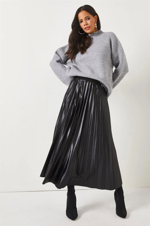 Siyah Pileli Saten Yüzey Uzun Etek BCBSK-25700-K7605