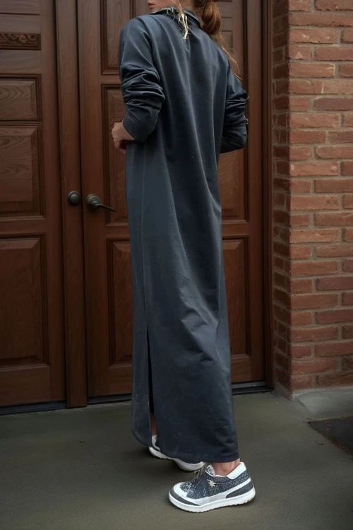 Siyah Polo Yaka Yanı Yırtmaçlı Tek Cep Uzun Salaş Elbise BCBSK-25700-3463