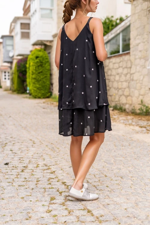 Siyah Şifon Deri Askılı Çiçek Nakışlı Çift Kat A Kesim Kiloş Elbise BCBSK-25700-3420