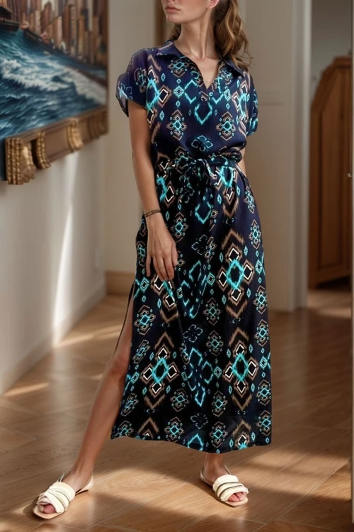 Siyah V Yaka Yarım Kol Yırtmaçlı Maxi Desenli Elbise BCBSK-25700-3649