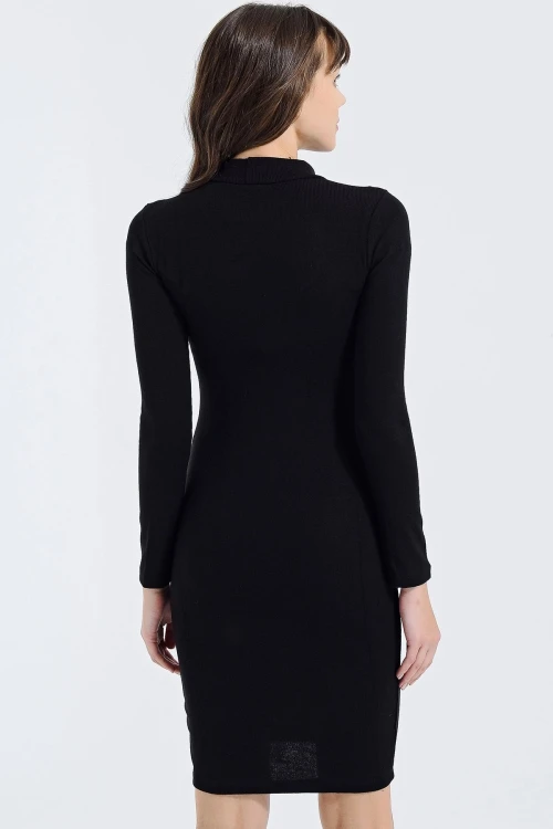 Siyah Yakası Tül Detaylı Uzun Kollu Dizüstü Elbise BCBSK-25700-ROS0267