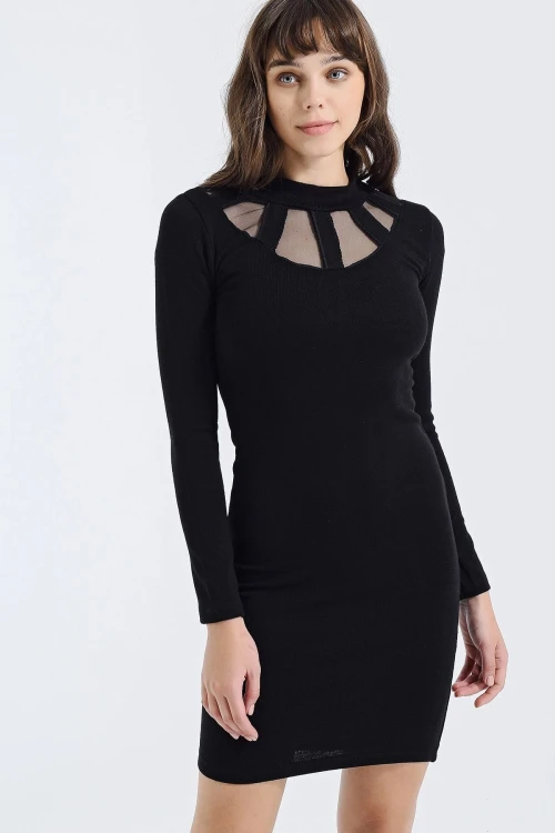 Siyah Yakası Tül Detaylı Uzun Kollu Dizüstü Elbise BCBSK-25700-ROS0267