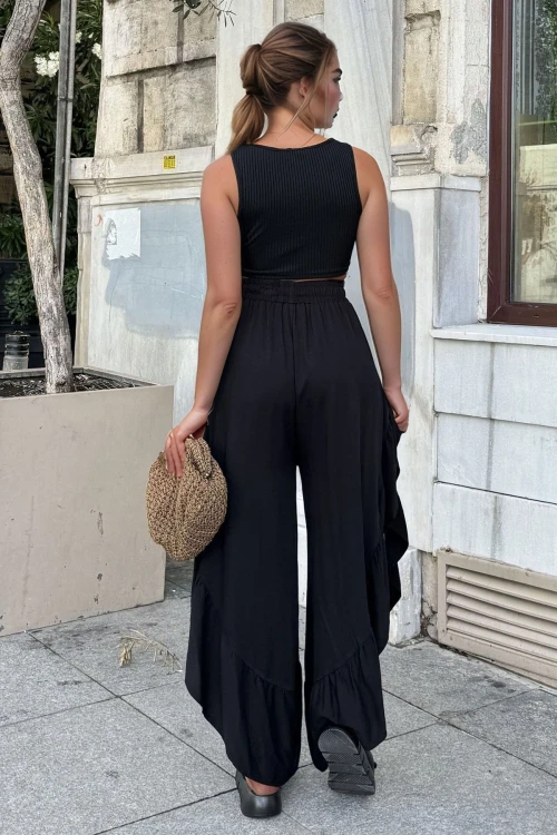 Siyah Yanı Fırfırlı Yırtmaçlı Beli Lastikli Belmando Salaş Şalvar Pantolon BCBSK-25700-3635