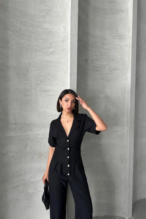 Siyah Yarım Kol Beli Korse Görünümlü Bol Kesim Dokuma Tulum