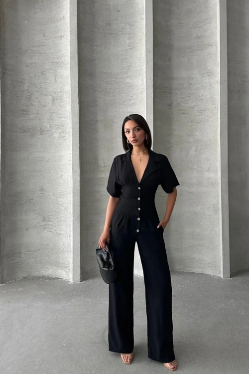 Siyah Yarım Kol Beli Korse Görünümlü Bol Kesim Dokuma Tulum