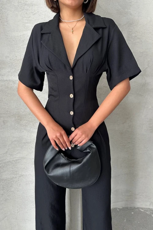 Siyah Yarım Kol Beli Korse Görünümlü Bol Kesim Dokuma Tulum