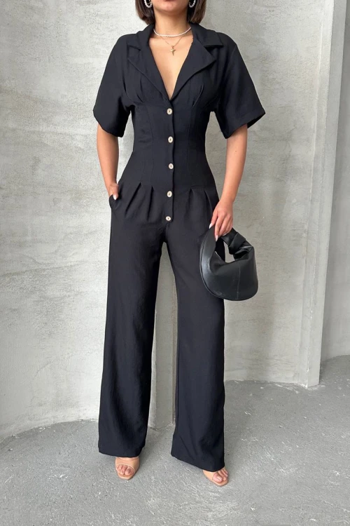 Siyah Yarım Kol Beli Korse Görünümlü Bol Kesim Dokuma Tulum