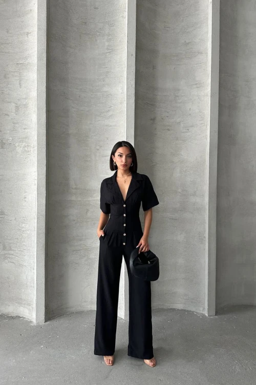 Siyah Yarım Kol Beli Korse Görünümlü Bol Kesim Dokuma Tulum