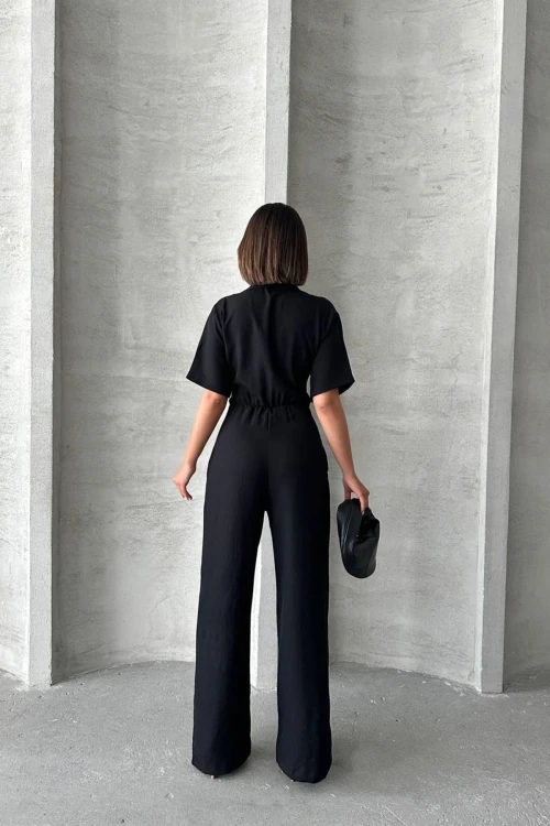 Siyah Yarım Kol Beli Korse Görünümlü Bol Kesim Dokuma Tulum