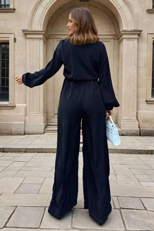 Siyah Yarım Patlı Beli Lastikli Bol Paça Cepli Salaş Tulum BCBSK-25700-3360