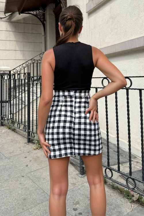 Siyah Yüksek Bel Diz Üstü Desenli Etek BCBSK-25700-3541