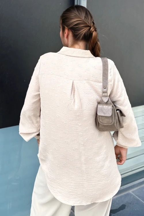 Taş Kendinden Desenli Oversize Uzun Kollu Gömlek BCBSK-25700-3554