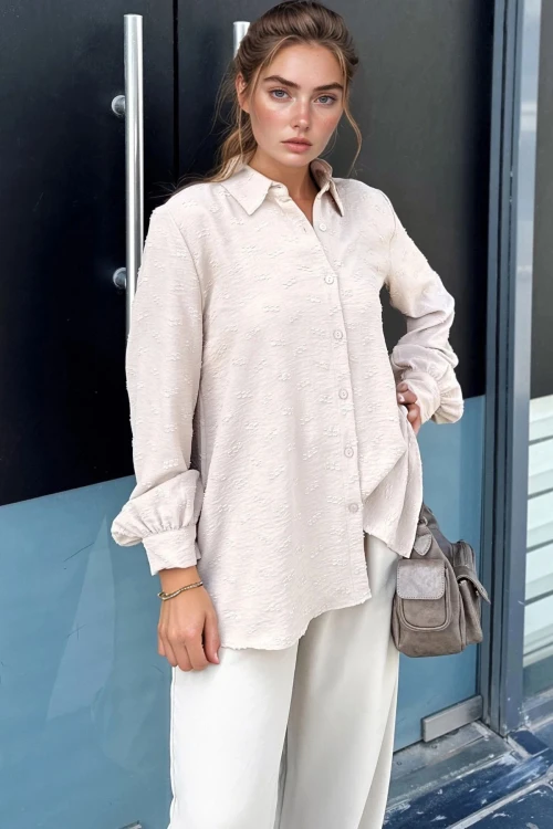 Taş Kendinden Desenli Oversize Uzun Kollu Gömlek BCBSK-25700-3554