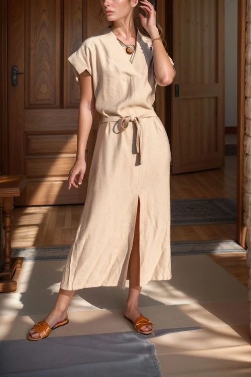 Taş Keten Önden Yırtmaçlı Kendinden Kemerli Uzun Elbise BCBSK-25700-3221