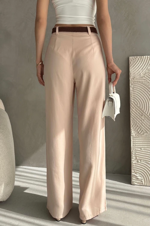 Toz Pembe Beli Kemerli Keten Pantolon BCDF-241103