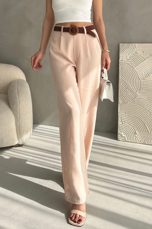 Toz Pembe Beli Kemerli Keten Pantolon BCDF-241103