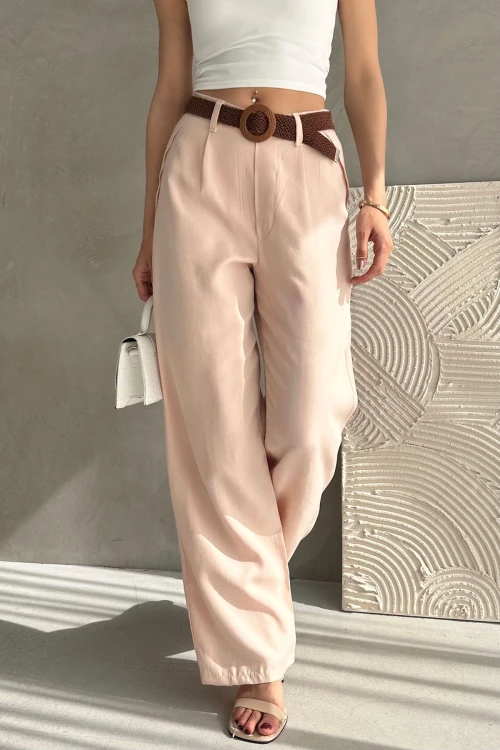 Toz Pembe Beli Kemerli Keten Pantolon BCDF-241103