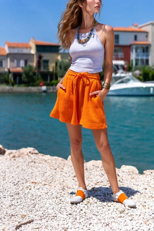Turuncu Beli Lastikli Cepli Müslin Salaş Şort BCBSK-25700-3425
