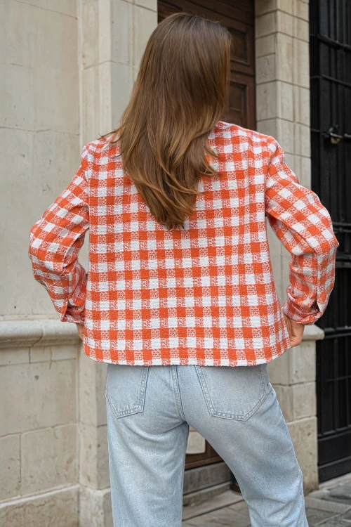 Turuncu Chanel Kumaş Düğmeli Cepli Crop Ceket Gömlek BCBSK-25700-3540