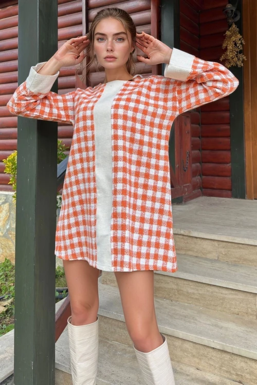 Turuncu Desenli Mini Elbise BCBSK-25700-3671