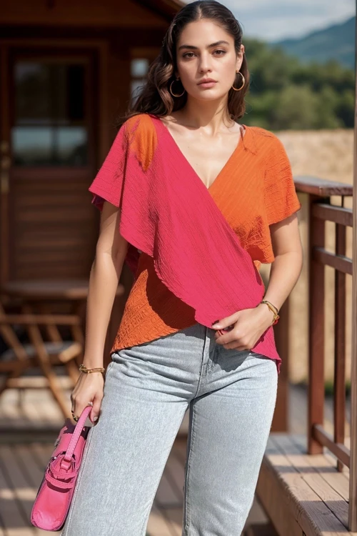 Turuncu Fuşya Kruvaze Color Block Kendinden Dokulu Bluz BCBSK-25700-3572