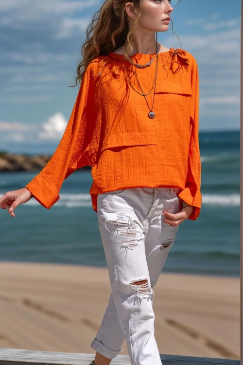 Turuncu Kendinden Dokulu Yarasa Kol Katlı Salaş Bluz BCBSK-25700-3549