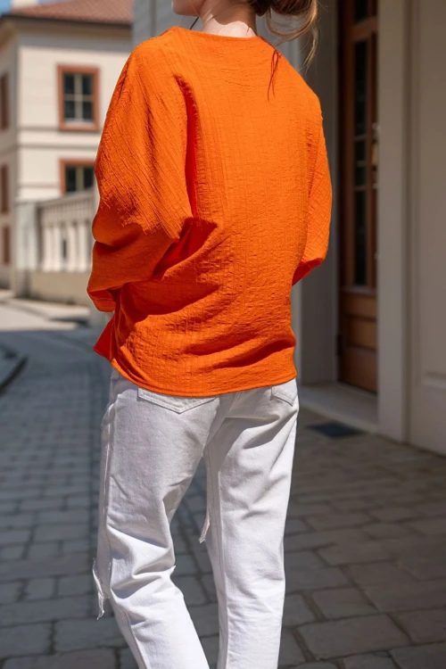 Turuncu Kendinden Dokulu Yarasa Kol Katlı Salaş Bluz BCBSK-25700-3549