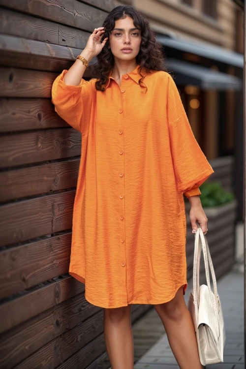 Turuncu Keten Görünümlü Truvakar Kol Salaş Gömlek Elbise BCBSK-25700-3582