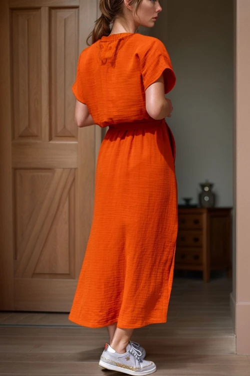 Turuncu Müslin Kruvaze Kendinden Kemerli Yanı Yırtmaçlı Elbise BCBSK-25700-3612