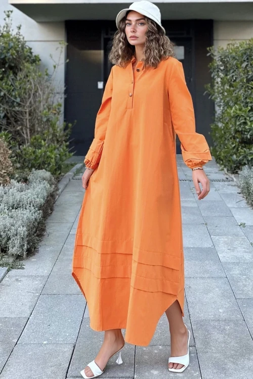 Turuncu Oversize Kolu Lastikli Uzun Elbise BCBSK-25700-3517