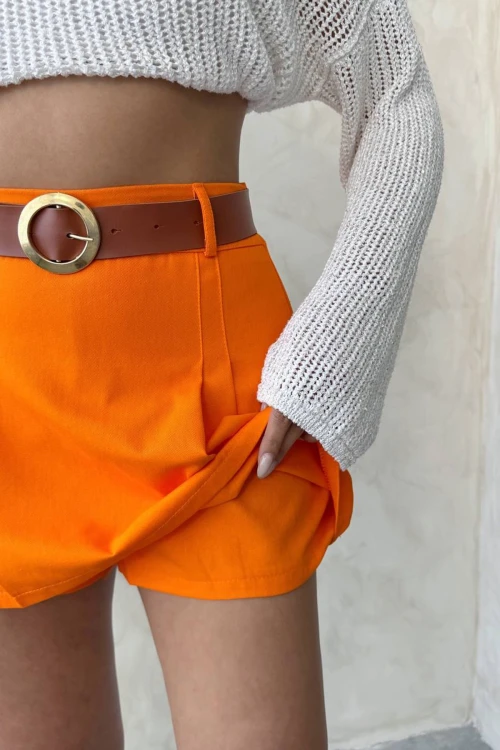 Turuncu Pileli Dokuma Gabardin Şort Etek (Kemer Hediyeli) BCHN-25252001