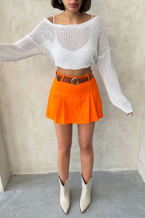 Turuncu Pileli Dokuma Gabardin Şort Etek (Kemer Hediyeli) BCHN-25252001