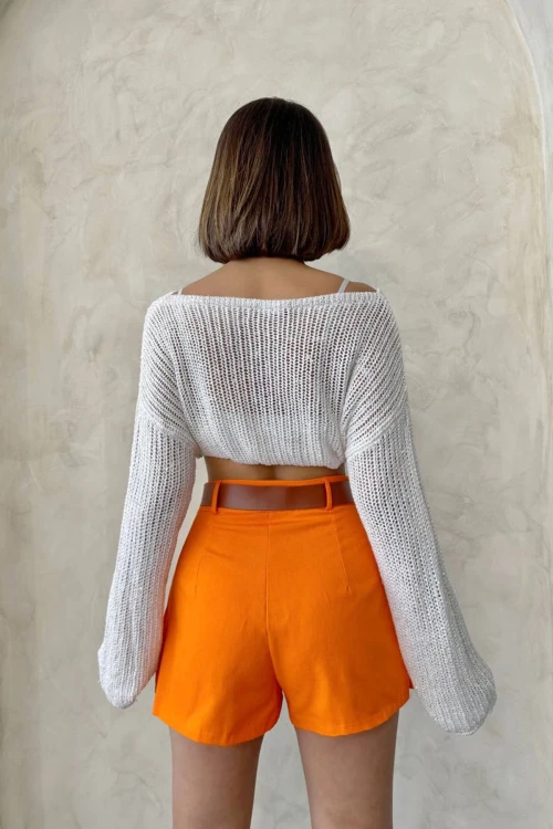 Turuncu Pileli Dokuma Gabardin Şort Etek (Kemer Hediyeli) BCHN-25252001