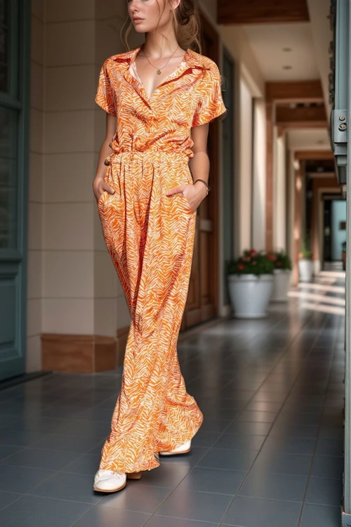 Turuncu Saten Beli Lastikli Cepli Bol Paça Tulum BCBSK-25700-3235