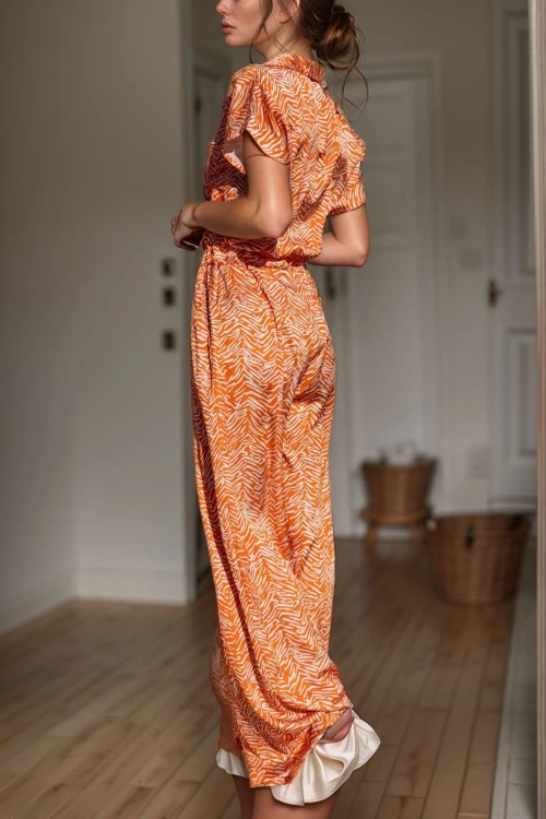 Turuncu Saten Beli Lastikli Cepli Bol Paça Tulum BCBSK-25700-3235