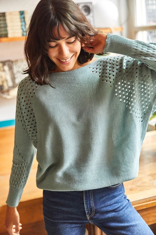 Yeşil File Detaylı Yarasa Kol Triko Kazak BCBSK-25700-K7560