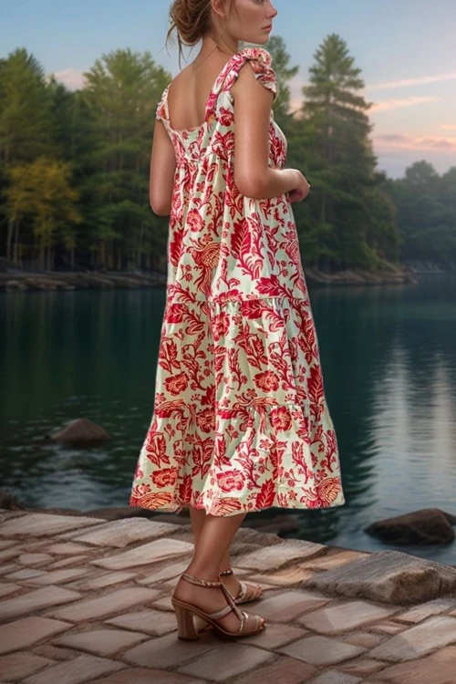 Yeşil Fırfır Askılı Desenli Yazlık Elbise BCBSK-25700-SS22-7093