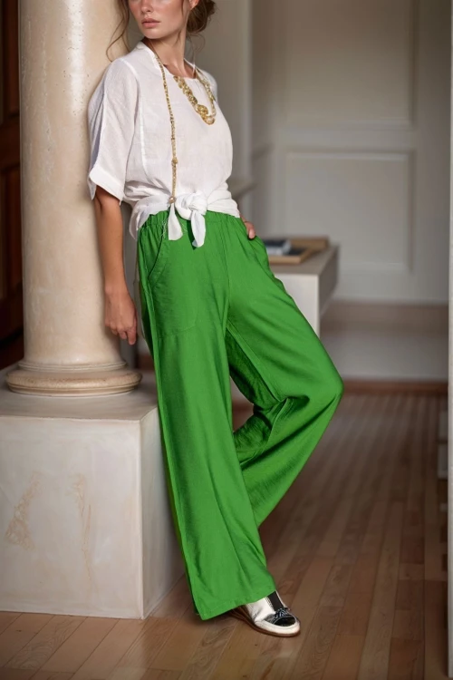 Yeşil Keten Beli Lastikli Salaş Pantolon BCBSK-25700-2933