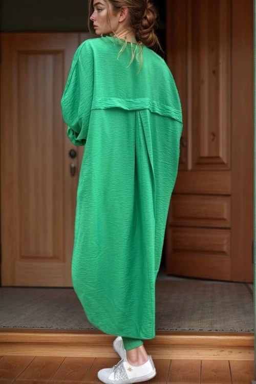 Yeşil Keten Yarasa Kol Salaş Cepli Gömlek Elbise BCBSK-25700-3282