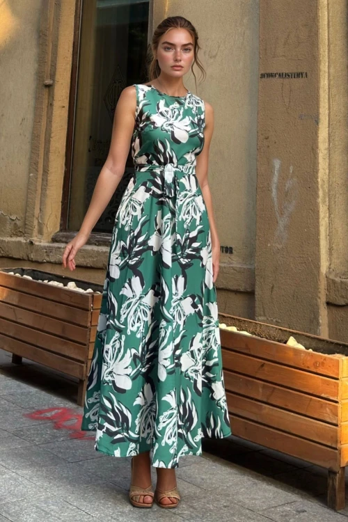 Yeşil Kolsuz Cepli Kemerli Kiloş Uzun Elbise BCBSK-25700-3637