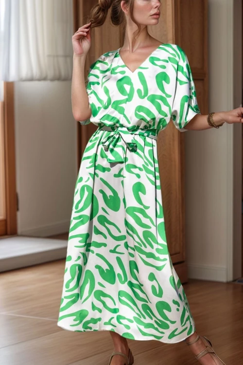 Yeşil Saten V Yaka Beli Büzgülü Kemerli Salaş Elbise BCBSK-25700-3246