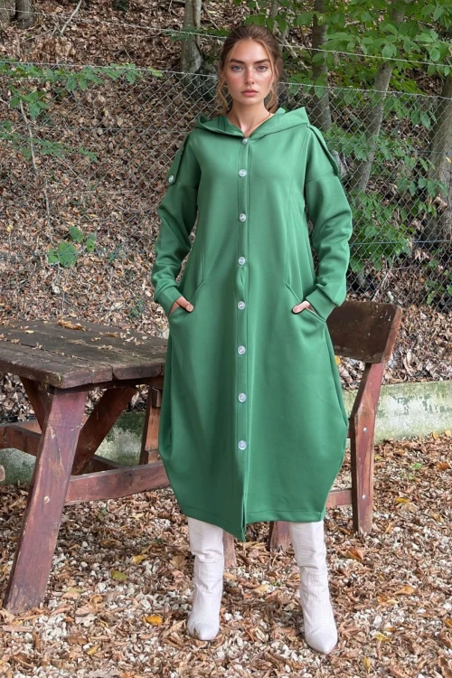 Zümrüt Yeşil Kapüşonlu Oversize Elbise BCBSK-25700-3446