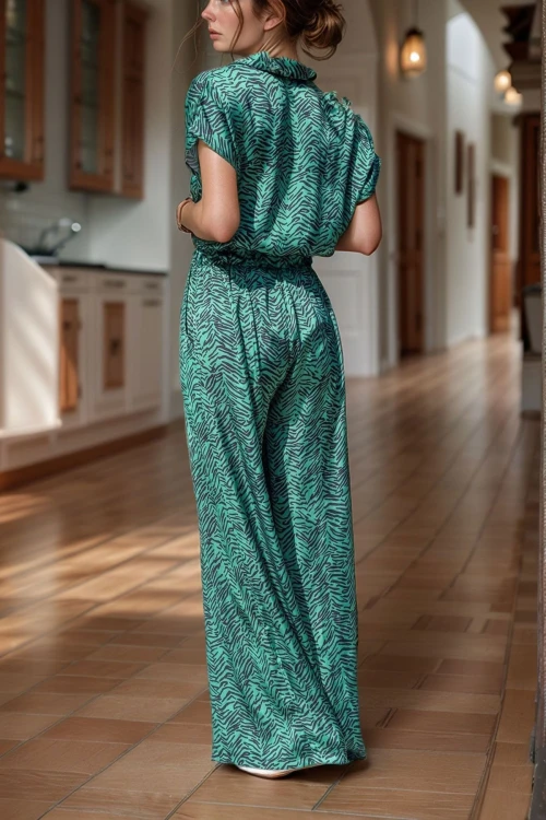 Zümrüt Yeşil Saten Beli Lastikli Cepli Bol Paça Tulum BCBSK-25700-3235