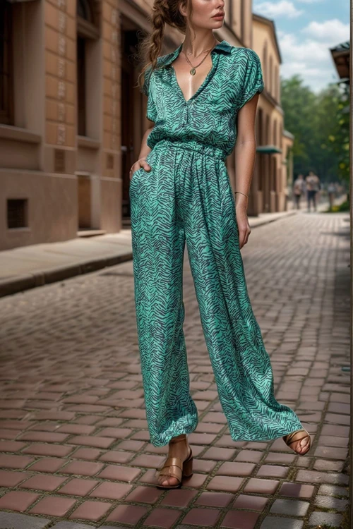 Zümrüt Yeşil Saten Beli Lastikli Cepli Bol Paça Tulum BCBSK-25700-3235