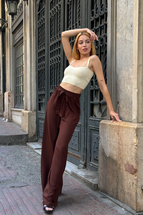 Acı Kahve Beli Bağlamalı Bol Kesim Palazzo Yazlık Pantolon BCPK-2510000