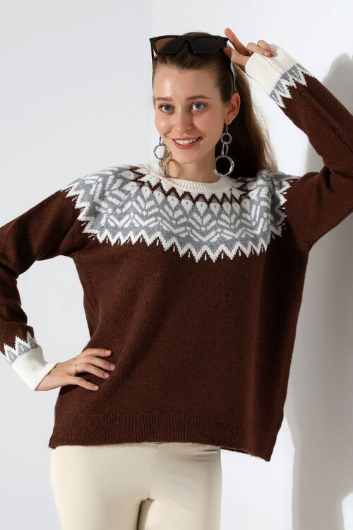 Acı Kahve Bisiklet Yaka Kar Desenli Triko Kazak BCES-252028