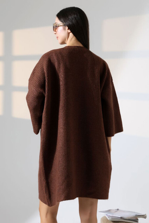 Acı Kahve Çift Cepli Yarım Kol Uzun Boy Triko Hırka BCES-252019