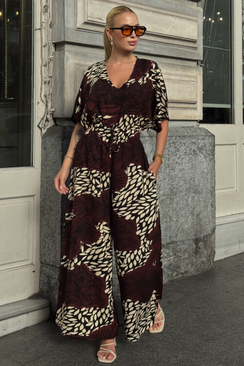 Acı Kahve Desenli V Yaka Yarım Kol Bluz Ve Beli Lastikli Palazzo Pantolon Takım BCVL-254001
