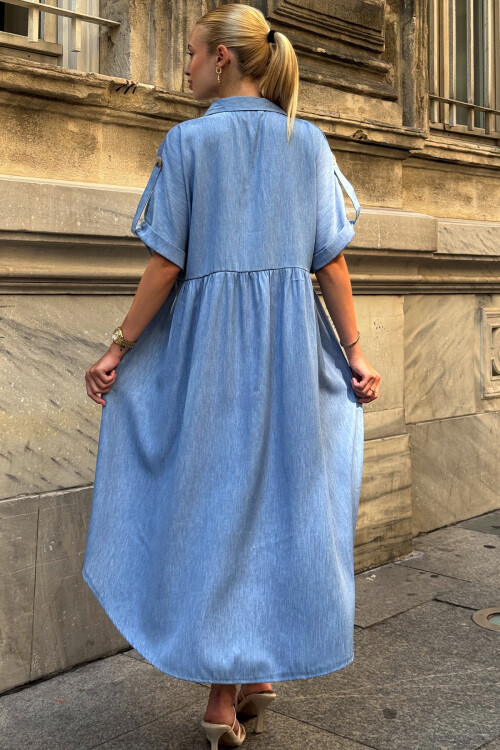 Açık Mavi Kısa Kollu Düğme Detaylı Midi Boy Gömlek Elbise BCVL-254000