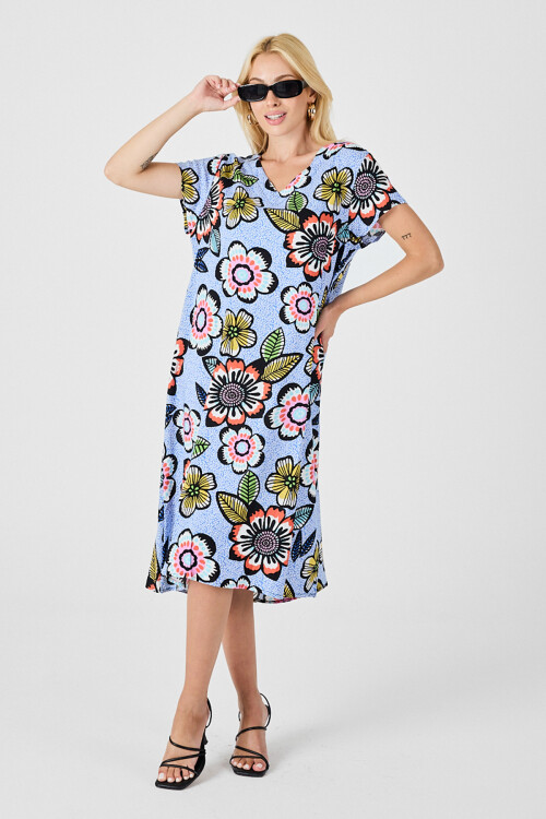 Bebe Mavi Derin V Yaka Çiçek Desenli Midi Boy Elbise BCVL-254005